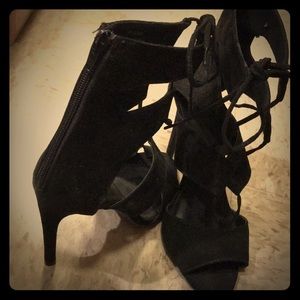 Black open toe tie up heels